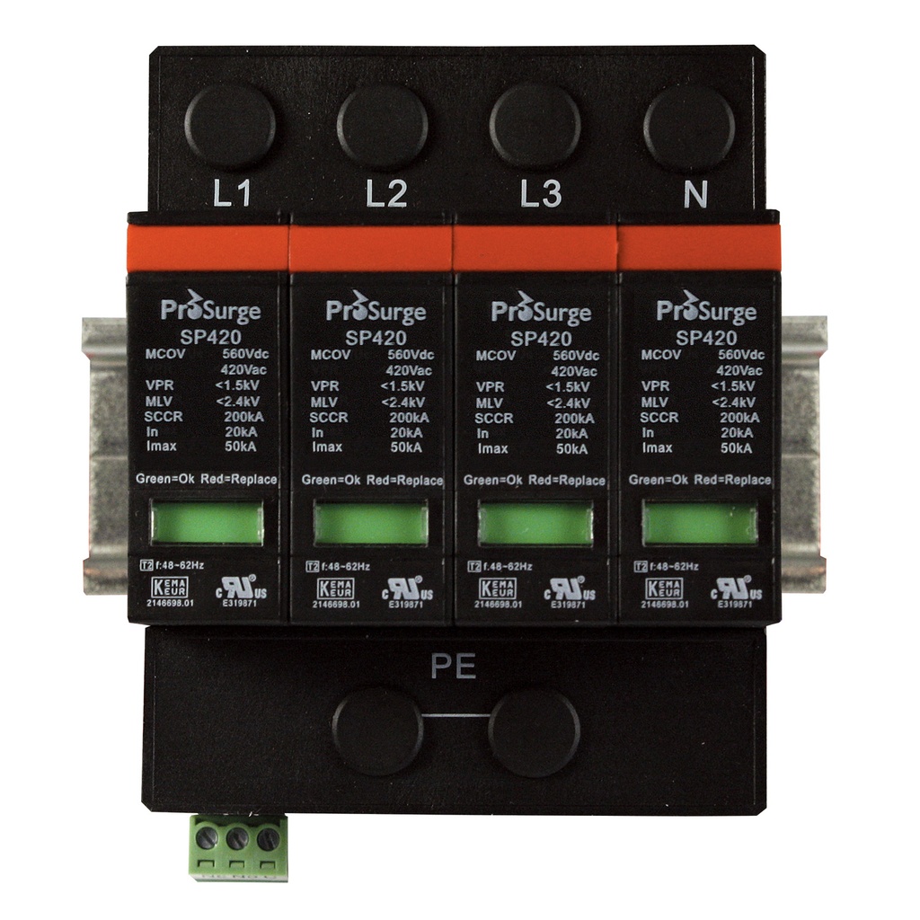 Four pole, including base and pluggable surge protector module with visual indication, DIN rail mount, UL1449 4th Edition, 600/347 Vac, MCOV 420 Vac