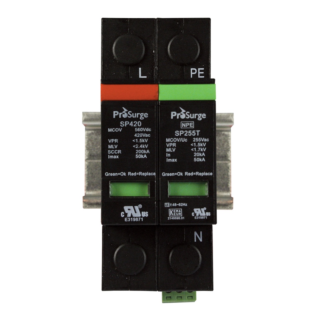 2 pole, including base and pluggable MOV and GDT surge protector modules with visual indication, DIN rail mount, UL1449 4th Edition, 347 Vac