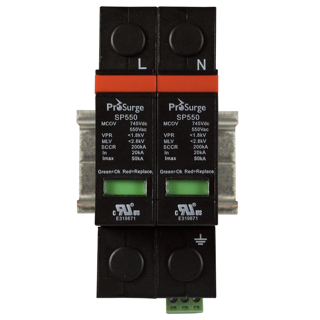 Two pole, including base and pluggable surge protector module with visual indication, DIN rail mount, UL1449 4th Edition, 480 Vac, MCOV 550 Vac