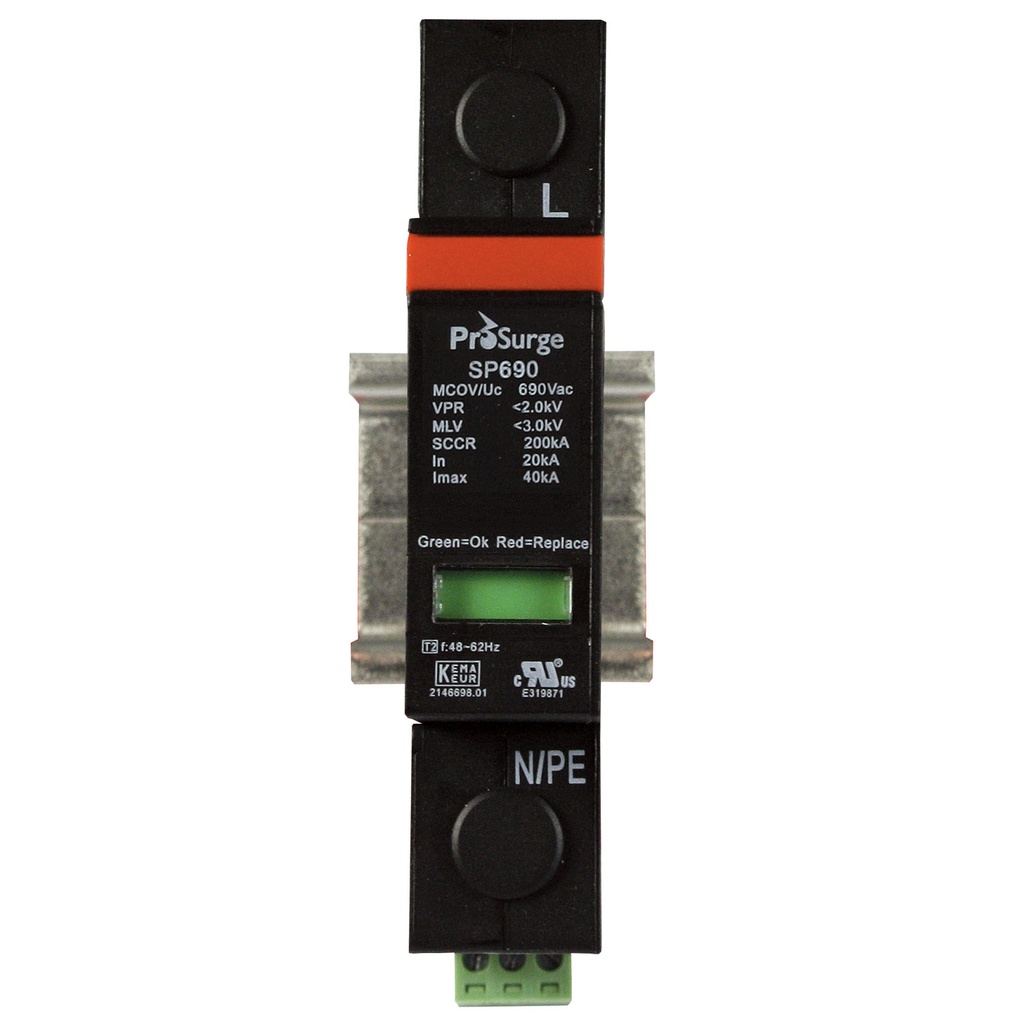 Surge Protector | 1 Pole w/base and pluggable module w/visual indicator | DIN Rail Mount | 600/347Y V AC, MCOV 690 V AC | UL1449 4th Edition | ASISP690-1P