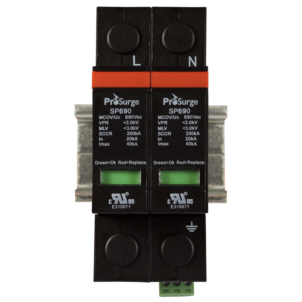 Two pole, including base and pluggable surge protector module with visual indication, DIN rail mount, UL1449 4th Edition, 600 Vac, MCOV 690 Vac
