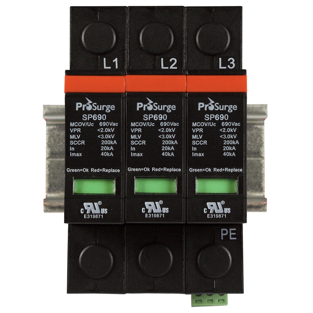 Three pole, including base and pluggable surge protector module with visual indication, DIN rail mount, UL1449 4th Edition, 600/347 Vac, MCOV 690 Vac