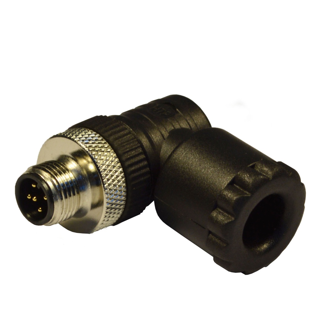 M12 90 Degree Male Field Wireable Connector, Pg9/11 Cable Gland, Black, 5-Pole