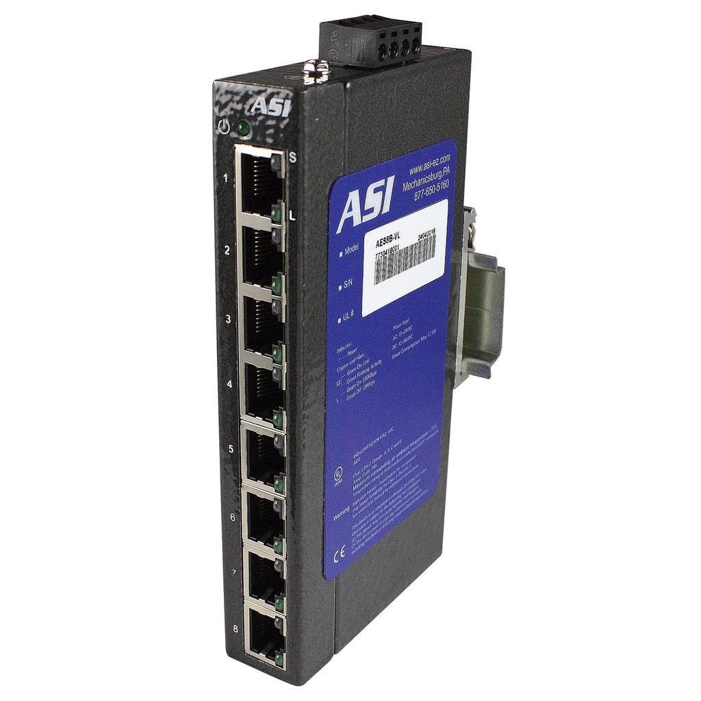 ASI AES8B-VL |  Industrial Ethernet Switch | 8 Port | 10/100M Auto-Sensing | DIN Rail & Panel Mount | IP30 Rated | UL Class I/Div 2 Certified