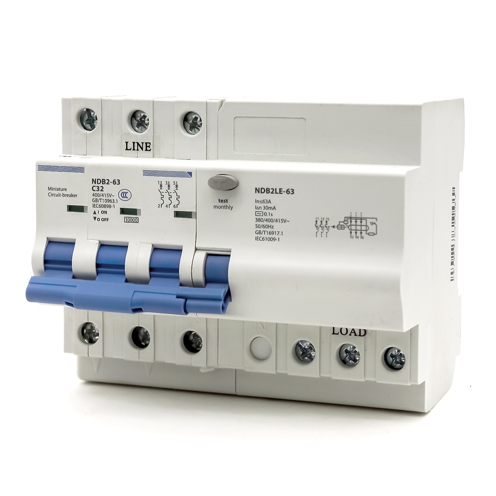 Mini Circuit Breaker | UL1077 Listed  | 32A  C Curve  400/415VAC  10kAIC |  DIN Rail Mount |  Non Polarized |  MCB Branch Circuit Protection | NDB2LE-63C32-3 (3 Pole, C Trip, 32 Amp)