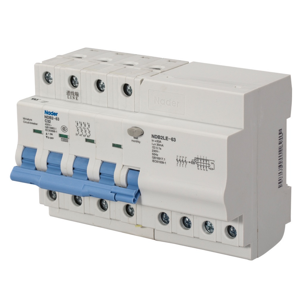 Mini Circuit Breaker | UL1077 Listed | 32A  C Curve  400/415VAC  10kAIC |  DIN Rail Mount |  Non Polarized |  MCB Branch Circuit Protection | NDB2LE-63C32-4 (4 Pole, C Trip, 32 Amp)