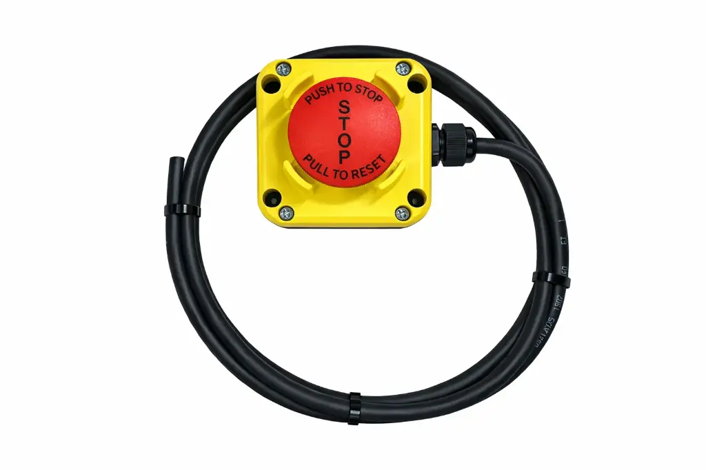 Custom E-Stop Station | SJOOW 6’ Cable with Pigtail | 1 x ASI0604-ESTOP Emergency Stop Control Station with Push/Pull Action and Visual Indicator, Featuring Vertical (12:00 & 6:00) Knockouts for 16mm and 20mm Gable Glands