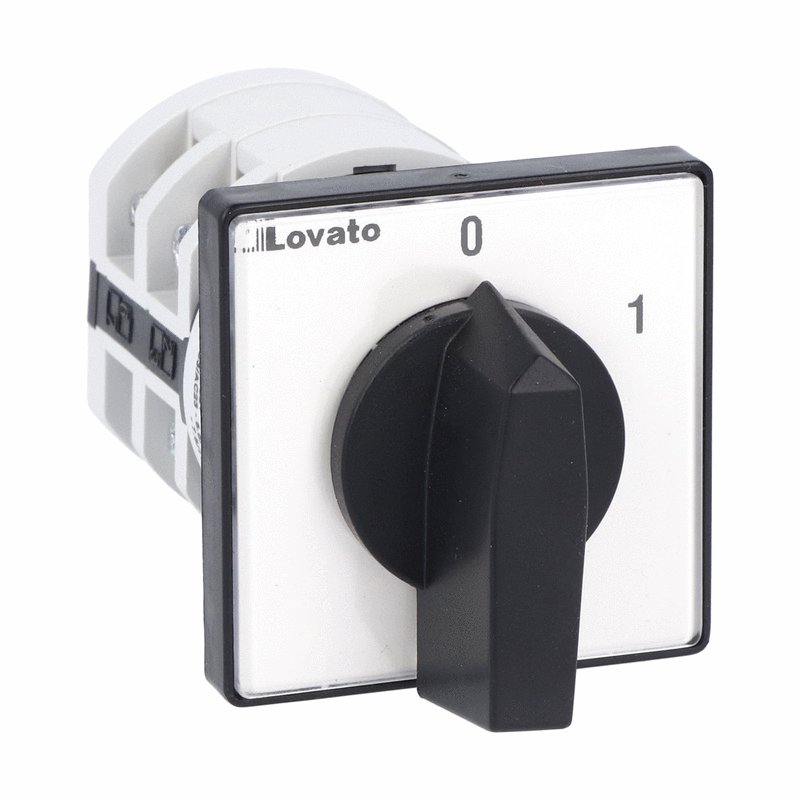 ON-OFF switch 1 pole 25 Amp, Front mounting with black handle, front plate 48X48mm