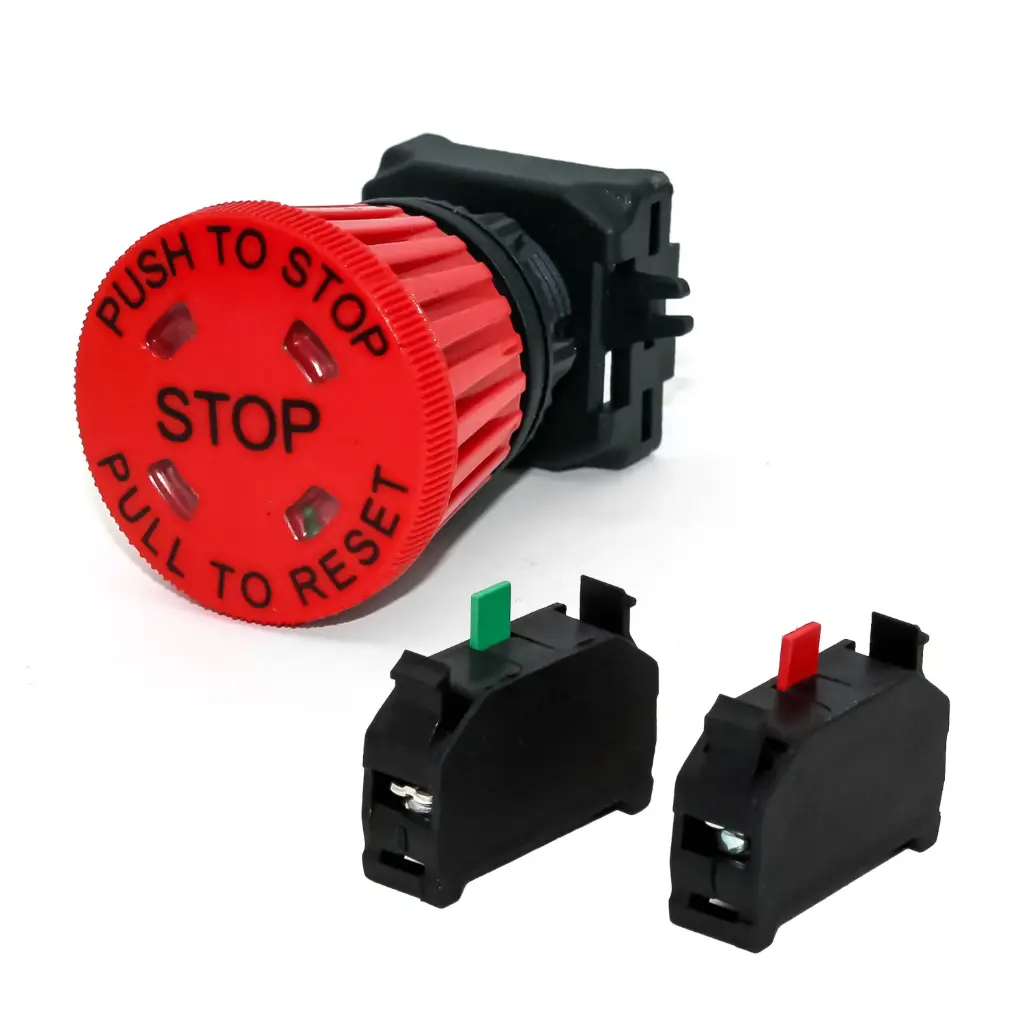 E-Stop Button: Push-To Stop / Pull-To Release | 40mm Red Button with visual indicator | 22mm Body | 1NC + 1NO Contact Included 