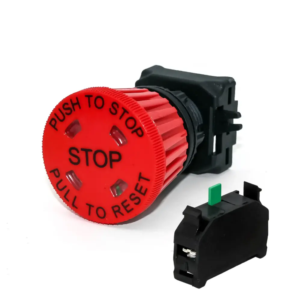 E-Stop Button: Push-To Stop / Pull-To Release | 40mm Red Button with visual indicator | 22mm Body | 1NO Contact Included