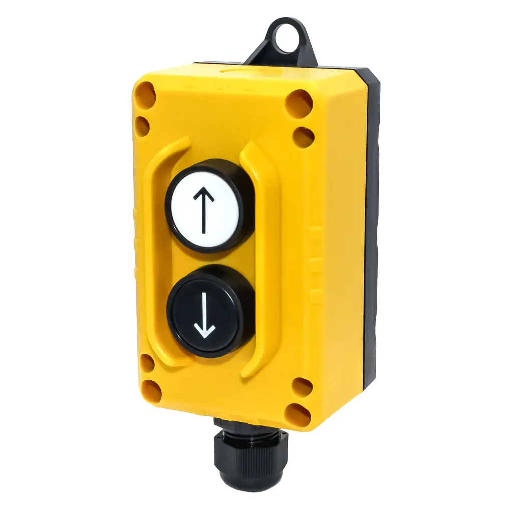ASI-E100TLP2 | Up-Down Control Station | 2-Button Pendant Station | 1 White Up & 1 Black Down Button | 2 NO Contacts | NEMA 4, IP65 Rated | Industrial Hoist & Crane Control 
