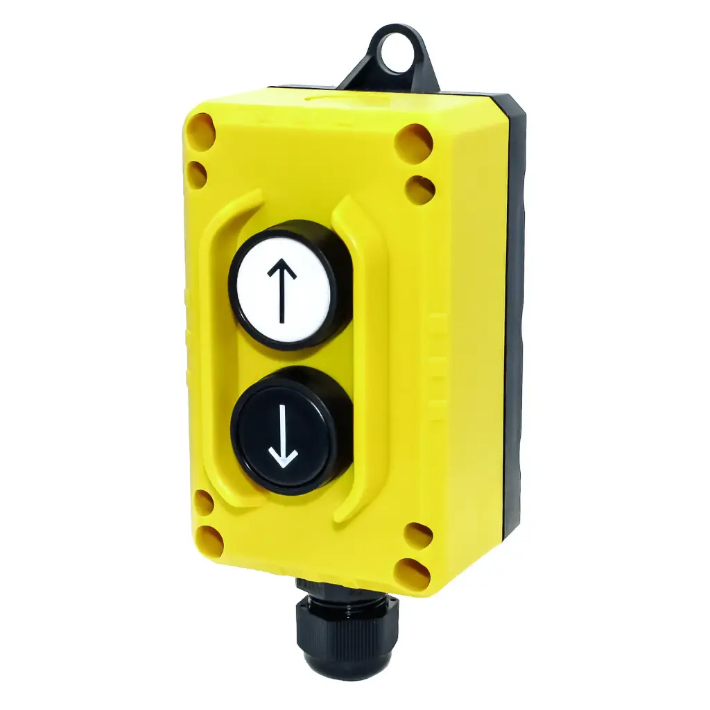 ASI-E100TLP2 | Up-Down Control Station | 2-Button Pendant Station | 1 White Up & 1 Black Down Button | 2 NO Contacts | NEMA 4, IP65 Rated | Industrial Hoist & Crane Control 