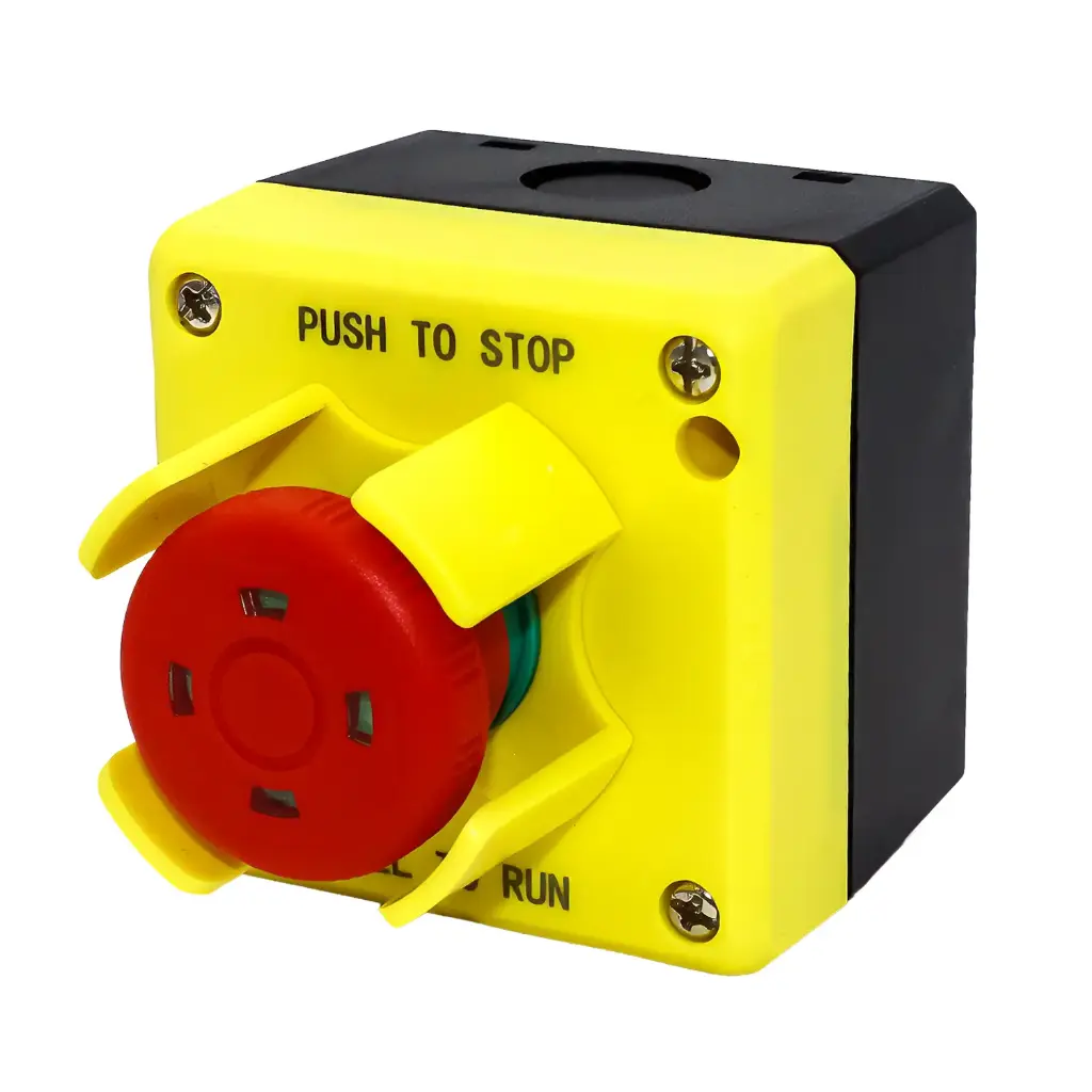 ASI-F100SLAK1 | Emergency Stop Control Station (E-Stop) | Push to Stop, Pull to Run | 40mm Red E-Stop Button | Visual Indicator | NEMA 4 Enclosure | Vertical Knockouts | 1NC + 1NO Contact 