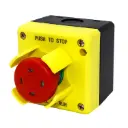ASI-F100SLAK1 | Emergency Stop Control Station (E-Stop) | Push to Stop, Pull to Run | 40mm Red E-Stop Button | Visual Indicator | NEMA 4 Enclosure | Horizontal Knockout | 1NC + 1NO Contact 