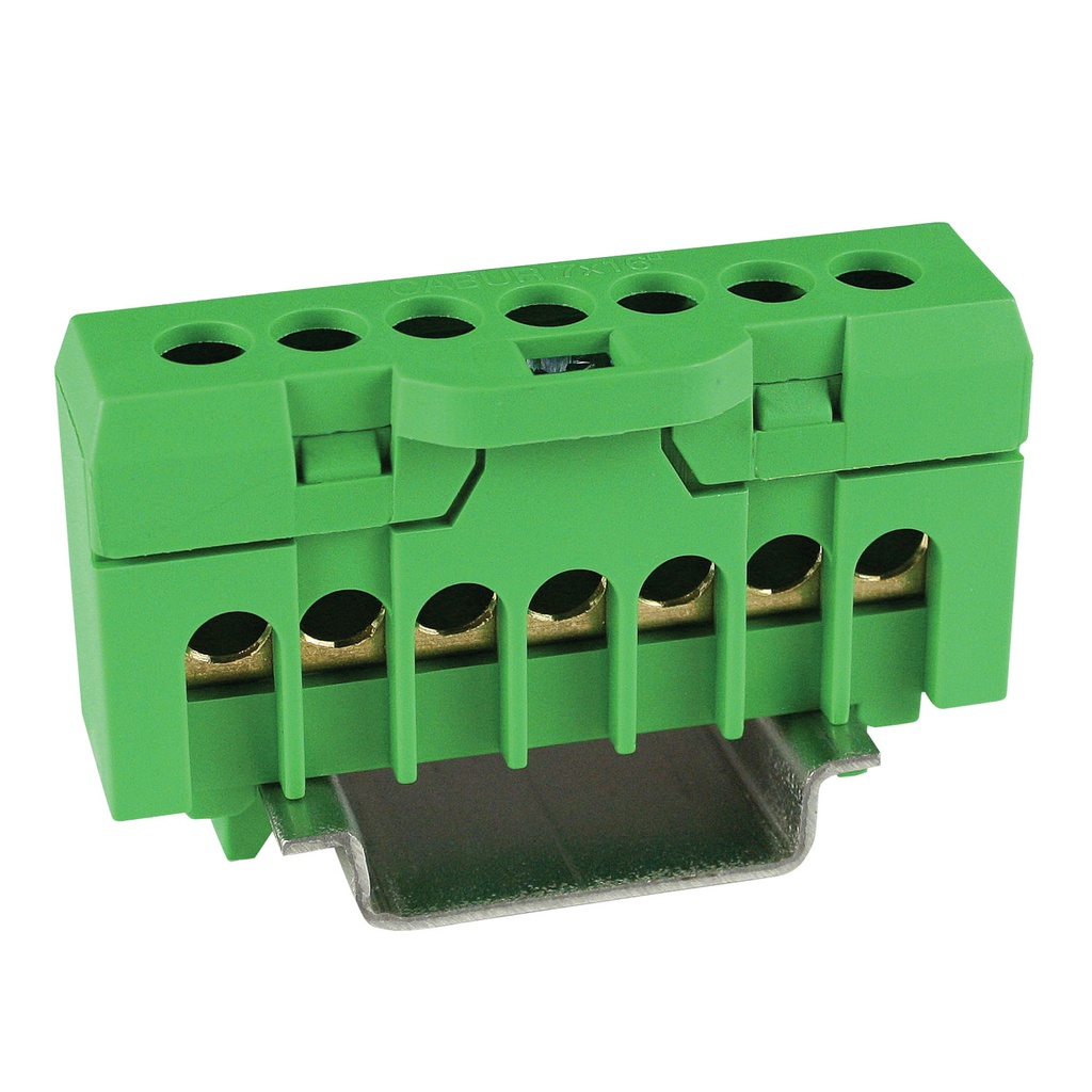 ASI QBLOK7002 | DIN Rail Mount Neutral Bus Bar | Single Pole, 63A, 600V | 7x 10mm2 Connections | Green Terminal Strip | Single Unit