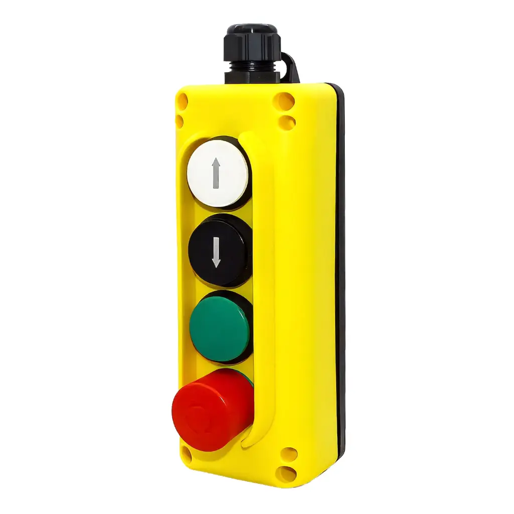 Custom Control Station | ASI TLP4K 4-Button Pendant Control | 1x 22mm Momentary UP Button, 1x 22mm Momentary DOWN Button, 1x 22mm Momentary SOLID GREEN Button, 1x 22mm ESTOP Push/Pull to Release | 3x NO Contacts, 1x NC Contact | NEMA 4, IP65 Rated | Includes M20 Cable Gland | Industrial Hoist & Crane Control