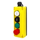Custom Control Station | ASI TLP4K 4-Button Pendant Control | 1x 22mm Momentary UP Button, 1x 22mm Momentary DOWN Button, 1x 22mm Momentary SOLID GREEN Button, 1x 22mm ESTOP Push/Pull to Release | 3x NO Contacts, 1x NC Contact | NEMA 4, IP65 Rated | Includes M20 Cable Gland | Industrial Hoist & Crane Control