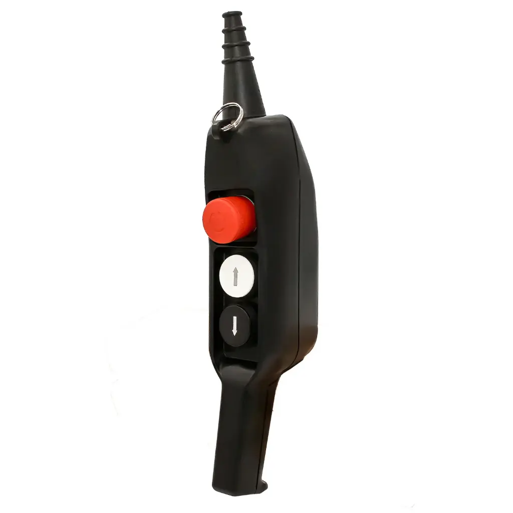Industrial Hoist Pendant Station | 3 Button, 16A Rated, IP65/NEMA4X, Ergonomic Grip | Single-Speed Control  | 2NO + 1NC Contacts | Emergency Stop | Black Housing | P03.1N