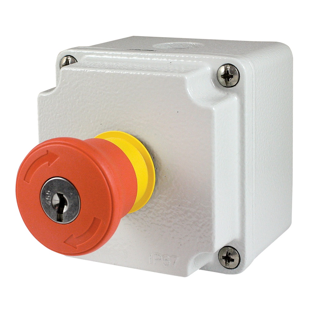 Emergency Stop Control Station With 40mm Emergency Stop Button With Key, Gray Metal Enclosure, 1NO Contact,