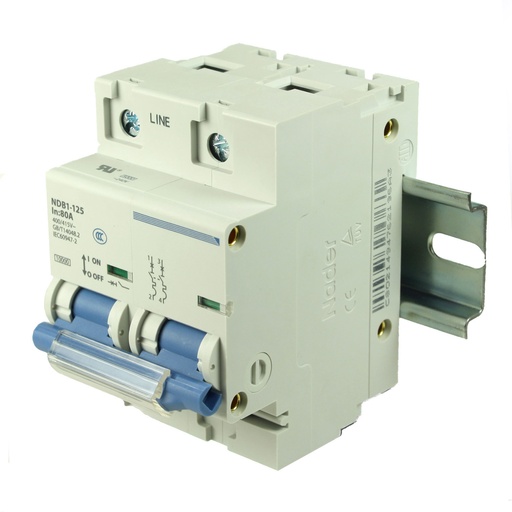 [NDB1-125C80-2] Mini Circuit Breaker UL1077 Listed | 80A  C Curve | 400/415VAC 80VDC 10kAIC | DIN Rail Mount | Non Polarized MCB Branch Circuit Protection | NDB1-125C80-2 (2 Pole  C Trip  80 Amp)
