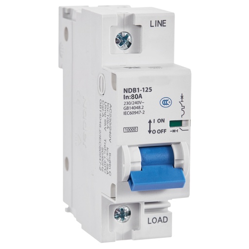 [NDB1-125D80-1] Mini Circuit Breaker UL1077 Listed | 80A  D Curve | 230/240VAC 60VDC 10kAIC | DIN Rail Mount | Non Polarized MCB Branch Circuit Protection | NDB1-125D80-1 (1 Pole  D Trip  80 Amp)