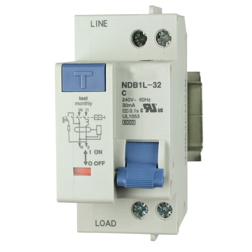 [NDB1L-32C-16-240V] GFCI Circuit Breaker | 1P+N, 16A, 240V AC | 30mA Earth Leakage | 4.5kA SCCR | DIN Rail Mount | 36mm | UL1053 Recognized