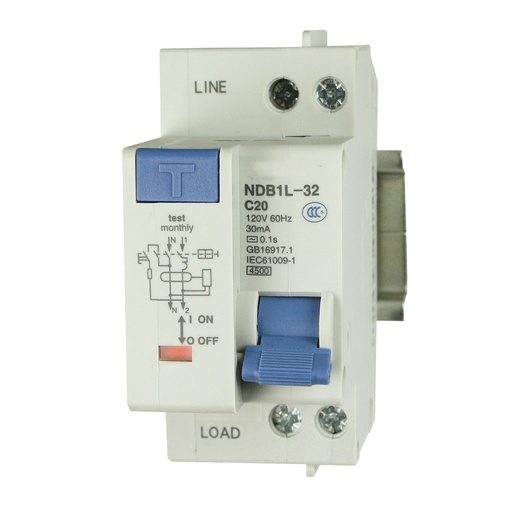 [NDB1L-32C-20-120V] GFCI Circuit Breaker | 1P+N, 20A, 120V AC | 30mA Earth Leakage | 4.5kA SCCR | DIN Rail Mount | 36mm | UL1053 Recognized