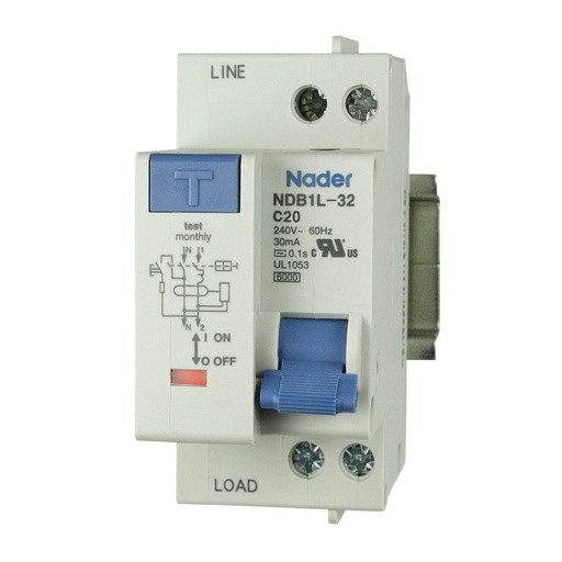 [NDB1L-32C-20-240V] GFCI Circuit Breaker | 1P+N, 20A, 240V AC | 30mA Earth Leakage | 4.5kA SCCR | DIN Rail Mount | 36mm | UL1053 Recognized