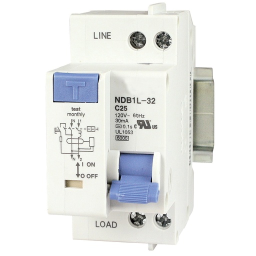 [NDB1L-32C-25-120V] GFCI Circuit Breaker | 1P+N, 25A, 120V AC | 30mA Earth Leakage | 4.5kA SCCR | DIN Rail Mount | 36mm | UL1053 Recognized