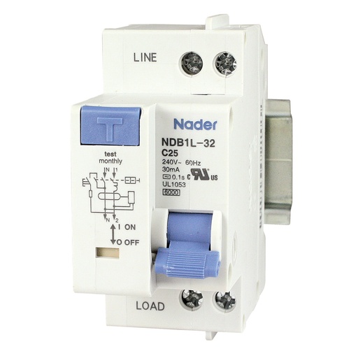 [NDB1L-32C-25-240V] GFCI Circuit Breaker | 1P+N, 25A, 240V AC | 30mA Earth Leakage | 4.5kA SCCR | DIN Rail Mount | 36mm | UL1053 Recognized