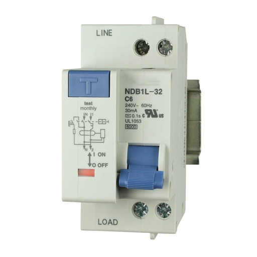 [NDB1L-32C-6-240V] GFCI Circuit Breaker | 1P+N, 6A, 240V AC | 30mA Earth Leakage | 4.5kA SCCR | DIN Rail Mount | 36mm | UL1053 Recognized