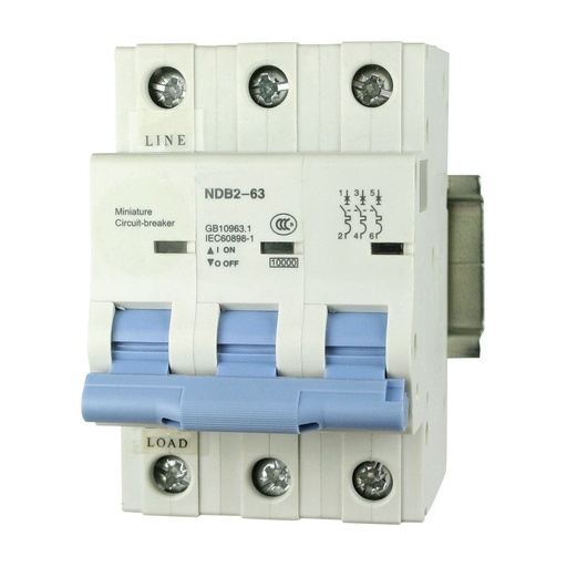 [NDB2-63D50-3] Mini Circuit Breaker | UL1077 Listed  | 50A  D Curve  400/415VAC  10kAIC |  DIN Rail Mount |  Non Polarized |  MCB Branch Circuit Protection | NDB2-63D50-3 (3 Pole, D Trip, 50 Amp)