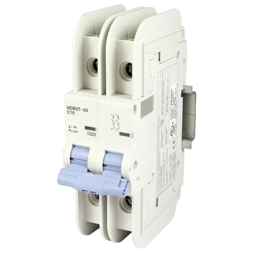[NDB2T-63C16-2L] Mini Circuit Breaker | UL489 Listed  | 16A  C Curve  240V/480Y/277VAC  125VDC  10kAIC |  DIN Rail Mount |  Non Polarized |  MCB Branch Circuit Protection | NDB2T-63C16-2L (2 Pole, C Trip, 16 Amp)