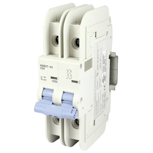 [NDB2T-63C20-2L] Mini Circuit Breaker | UL489 Listed  | 20A  C Curve  240V/480Y/277VAC  125VDC  10kAIC |  DIN Rail Mount |  Non Polarized |  MCB Branch Circuit Protection | NDB2T-63C20-2L (2 Pole, C Trip, 20 Amp)