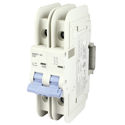 [NDB2T-63C32-2L] Mini Circuit Breaker | UL489 Listed  | 32A  C Curve  240V/480Y/277VAC  125VDC  10kAIC |  DIN Rail Mount |  Non Polarized |  MCB Branch Circuit Protection | NDB2T-63C32-2L (2 Pole, C Trip, 32 Amp)