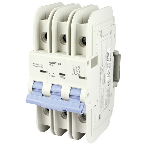 [NDB2T-63D20-3L] Mini Circuit Breaker | UL489 Listed  | 20A  D Curve  240V/480Y/277VAC  80VDC  10kAIC |  DIN Rail Mount |  Non Polarized |  MCB Branch Circuit Protection | NDB2T-63D20-3L (3 Pole, D Trip, 20 Amp)