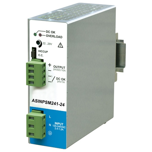 [ASINPSM241-24P] 240W, 120/240VAC Input, 24VDC x 10A Output, Din Rail Mounted Redundant Power Supply