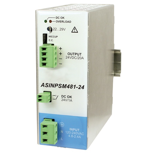 [ASINPSM481-24] 480W, 120/240VAC Input, 24VDC x 20A Output, DIN Rail Mount Power Supply, Compact Design