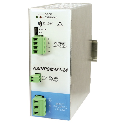 [ASINPSM481-24P] 480W, 120/240VAC Input, 24VDC x 20A Parallel Model Output, DIN Rail Mount Power Supply, Compact Design