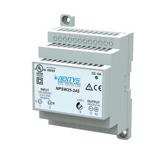 [ASINPSW25-24S] 25W, Variable AC Input 120V to 480VAC, Variable 23-28VDC Nominal 24VDC x 1A Output, Din Rail Mount Power Supply, Compact Design