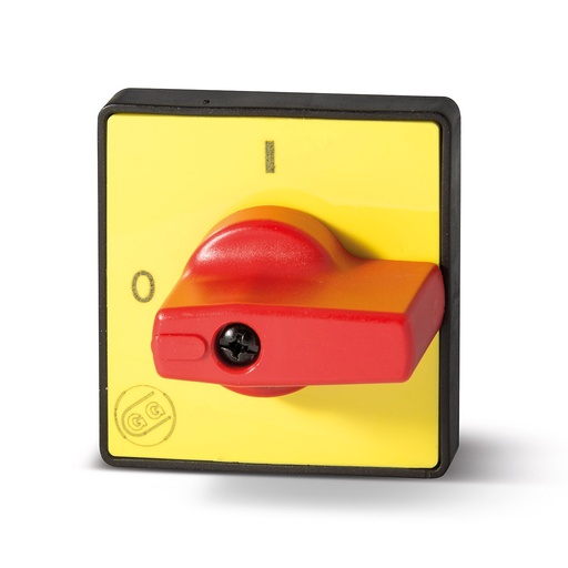 [002-0001] On-Off Cam Switch Handle, Red Knob, Yellow Plate, 0 to Left, 1 at Top