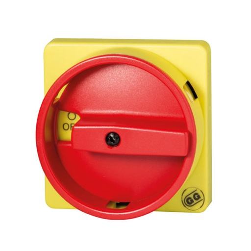 [212-0008] NEMA 4X Handle for Changeover Switches 1-0-2, Base Mount , Locking, Rotary, Red Dial, Yellow Plate, 3 Position, For C063-C080 Series