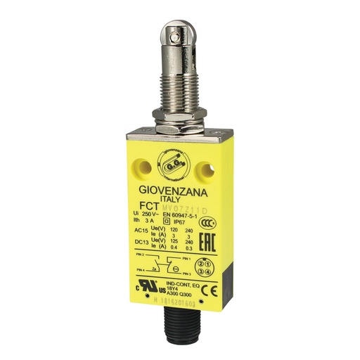 [FCTMV07-Z11D] Roller Plunger Limit Switch, Snap Action, M12 Connector For Fast Cable Connections, FCTMV07Z11D