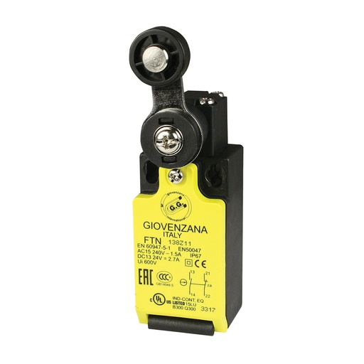 [FTN138-X11N] Roller Lever Limit Switch, Slow Break, 1 NC 1 NO, M16 Cable Entry Fitting with 1/2 NPT Adapter