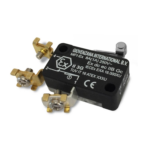 [MFI-3Ex] Micro Limit Switch, Roller Lever, Screw Terminals, 8A, 250Vac