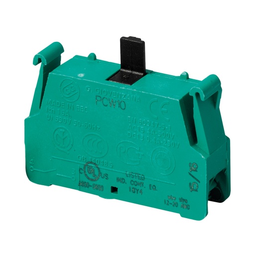 [PCW10] Contact Block | 1NO | Spring Terminal | 10A 250V AC | UL508 | Green | Pack of 1 | For P02, P03, PL, PLB and TLP Series Pendant Stations | ASI PCW10