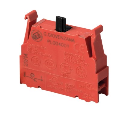 [PL004001.CD] Contact Block | 1NC | Screw Terminal | 20A 250V AC | UL508 | Red | Pack of 1 | For P02, P03, PL, PLB and TLP Series Pendant Stations | ASI PL004001.CD