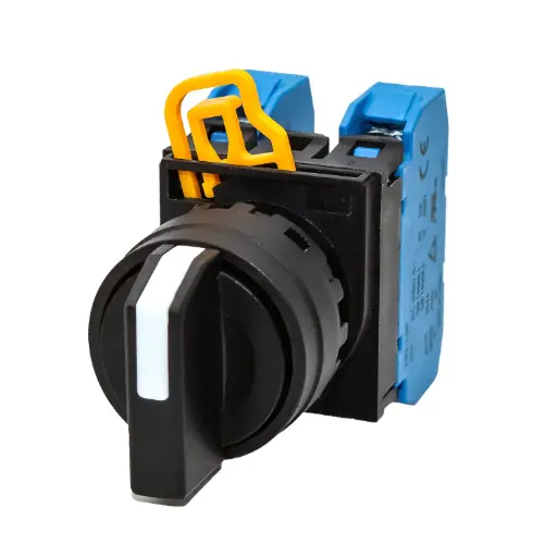 [ASI-08D100R2Y33POS2NO] 22mm Selector Rotary Switch | Black with White Tip | 3 Position Configuration  1-0-2, 45° Turn  | Maintained | 2x NO Contacts included | UL Recognized | ASI-08D100R2Y33POS2NO