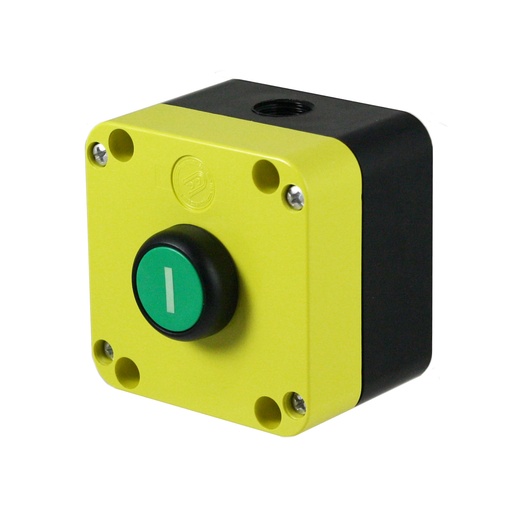 [PQ01RN2] Push Button Enclosure With Green Momentary Push Button With On Symbol, NO Contact, Yellow IP65 Enclosure
