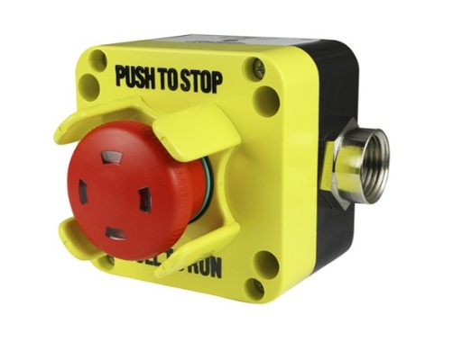 [SLA11NPNCGMS122-SS] Emergency Stop Control Station, Horizontal Wire Entry, 1/2 Inch NPT Fitting, 1 Safety Contact Block